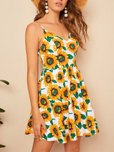 Load image into Gallery viewer, Knot Back Sunflower Print Sexy Cami High Waist Mini Dress