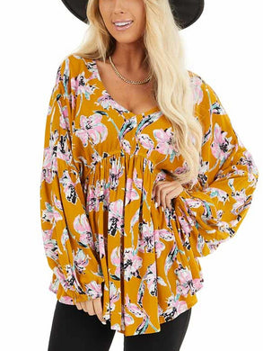 V-Neck Long Sleeve Printed Blouse