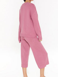 Crew Neck Solid Color Knit Top Pants Two Piece Suit