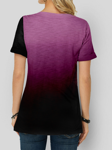 Color Gradient Asymmetric Hem Button Detail Short Sleeve T-Shirts