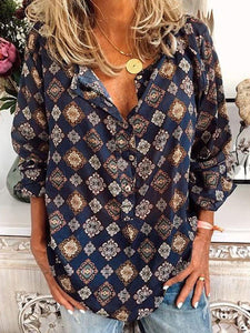 Print V-Neck Long Sleeves Casual Shirt Blouses