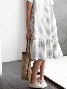 Fashion Cotton Linen Striped Stitching Loose Midi Dresses