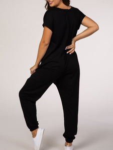 Pure Color Loose Round Neck Short Sleeve Maternity Jumpsuit