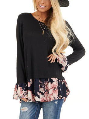 Long Bell Sleeve Top With Navy Floral Print Contrast