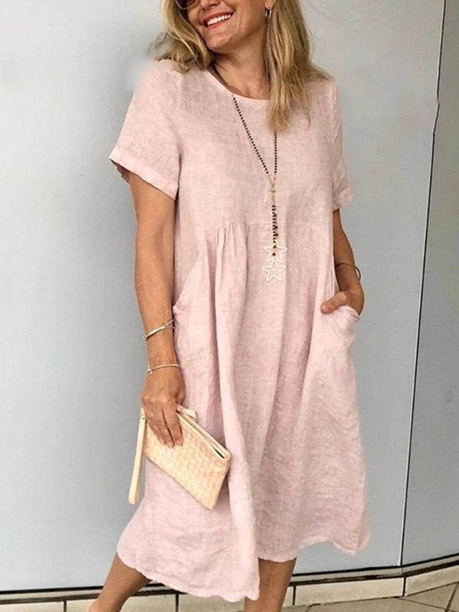 Cotton and Linen Short Sleeve Casual Round Neck Dress