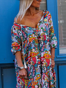 V Neck Multicolor Paneled Maxi Dresses