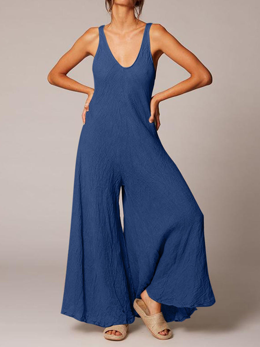 Plus Size Women Solid Sleeveless U-neck Casual Jumpsuits