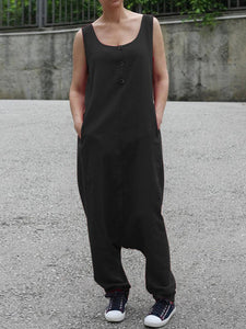 Sleeveless Solid Color Button Long Jumpsuit Overalls