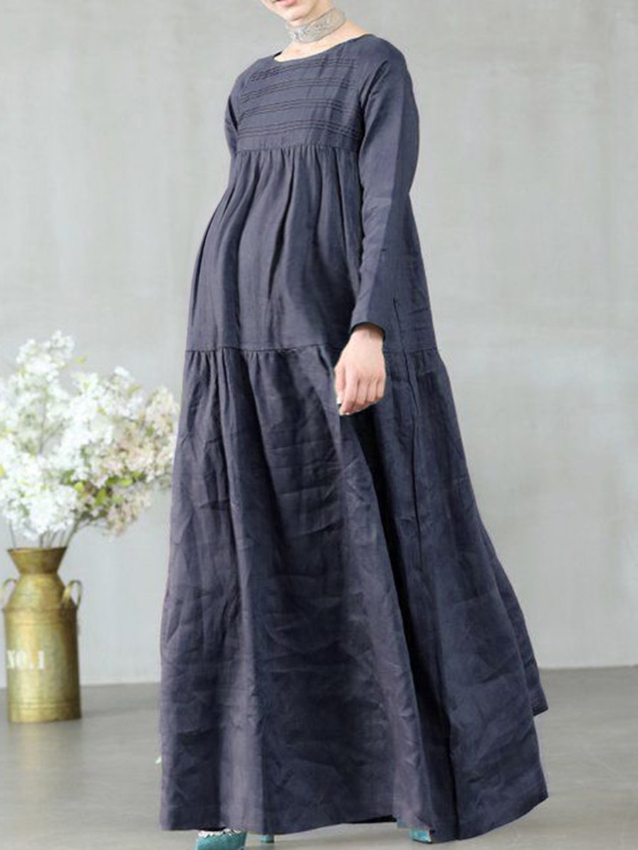 Loose Casual Cotton and Linen Long Sleeve Solid Color Pregnant Women Dress