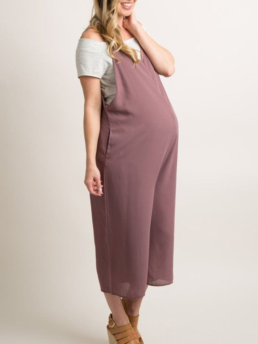 Solid Color V-neck Chiffon Maternity Jumpsuit