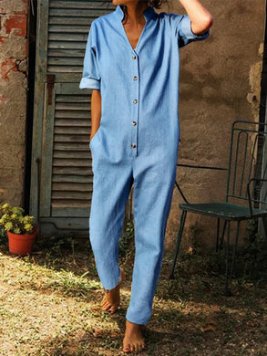 Fashion Simple Solid Color Button Jumpsuits