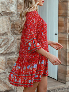 V Neck Floral Printed Loose Boho Mini Dress