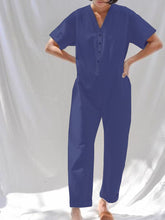 Load image into Gallery viewer, Solid Color Short Sleeved V-Neck Jumpsuit with Buttons