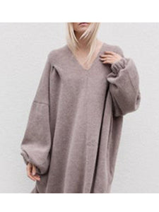 Lantern Sleeve V-Neck Long Sweater Dress