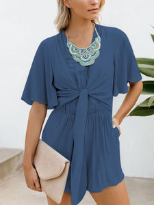 Women Fashion V Neck Short Sleeve Tie Jumpsuits