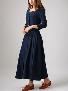 Cotton and Linen Casual Button Long Sleeve Dress