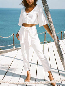 Casual Comfortable V Neck Single Breasted Top Pants Suits