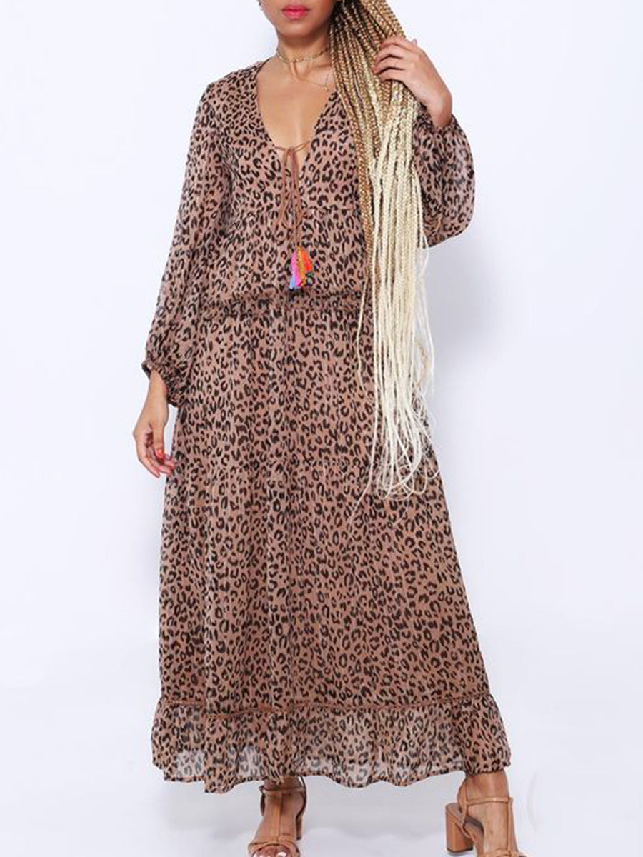 V-Neck Long Sleeve Leopard Print Waistband Maxi Dress