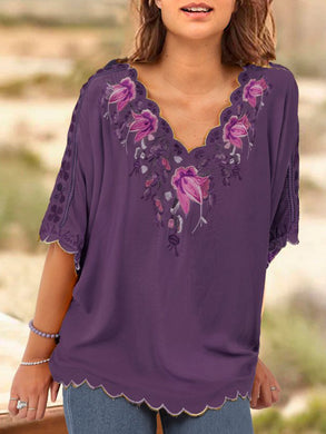 V Neck Floral Casual Short Sleeve T-Shirts & Tops