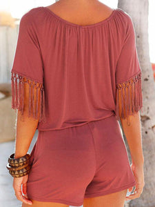 Women's Off Shoulder Short-Sleeve Fringed Romper