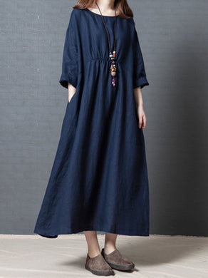 Linen Loose Fashion Solid Color Pleated Long Sleeve Dress