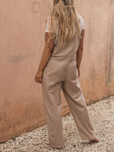 Women Chic Cotton Linen Overalls Casual Jumpsuit