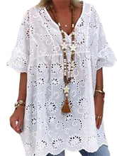 Load image into Gallery viewer, Hollow Short-sleeved Cotton Linen Top