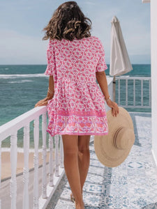 V Neck Printed Loose Boho Mini Dress with Pockets