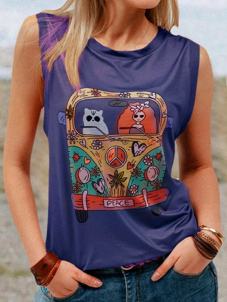 Round Neck Print Sleeveless T-Shirt