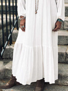 V-neck Long Sleeve Lace Cotton Linen Casual Dress
