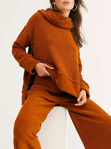 Orange Turtleneck Knitted Long Sleeve Hem Split Set