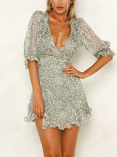 Load image into Gallery viewer, V-neck cropped sleeves chiffon ruffled dress