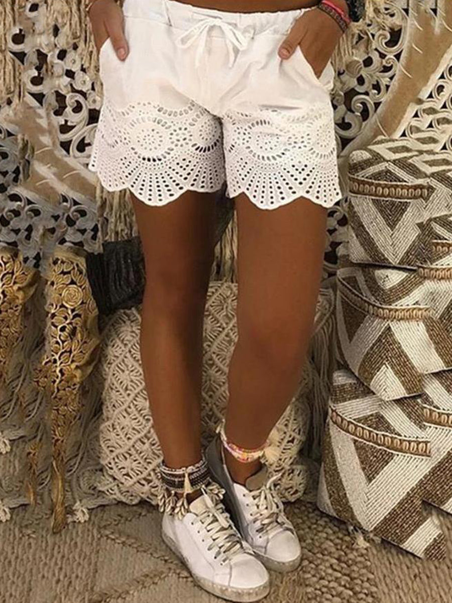 Casual White Cutout Lace Beach Shorts