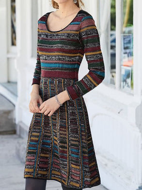 Crew Neck Long Sleeve Stripes Cotton Dresses