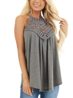 Sleeveless Halter Tank Top with Crochet Details