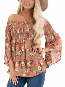 Floral Print Smocked Off The Shoulder Bell Sleeves Top