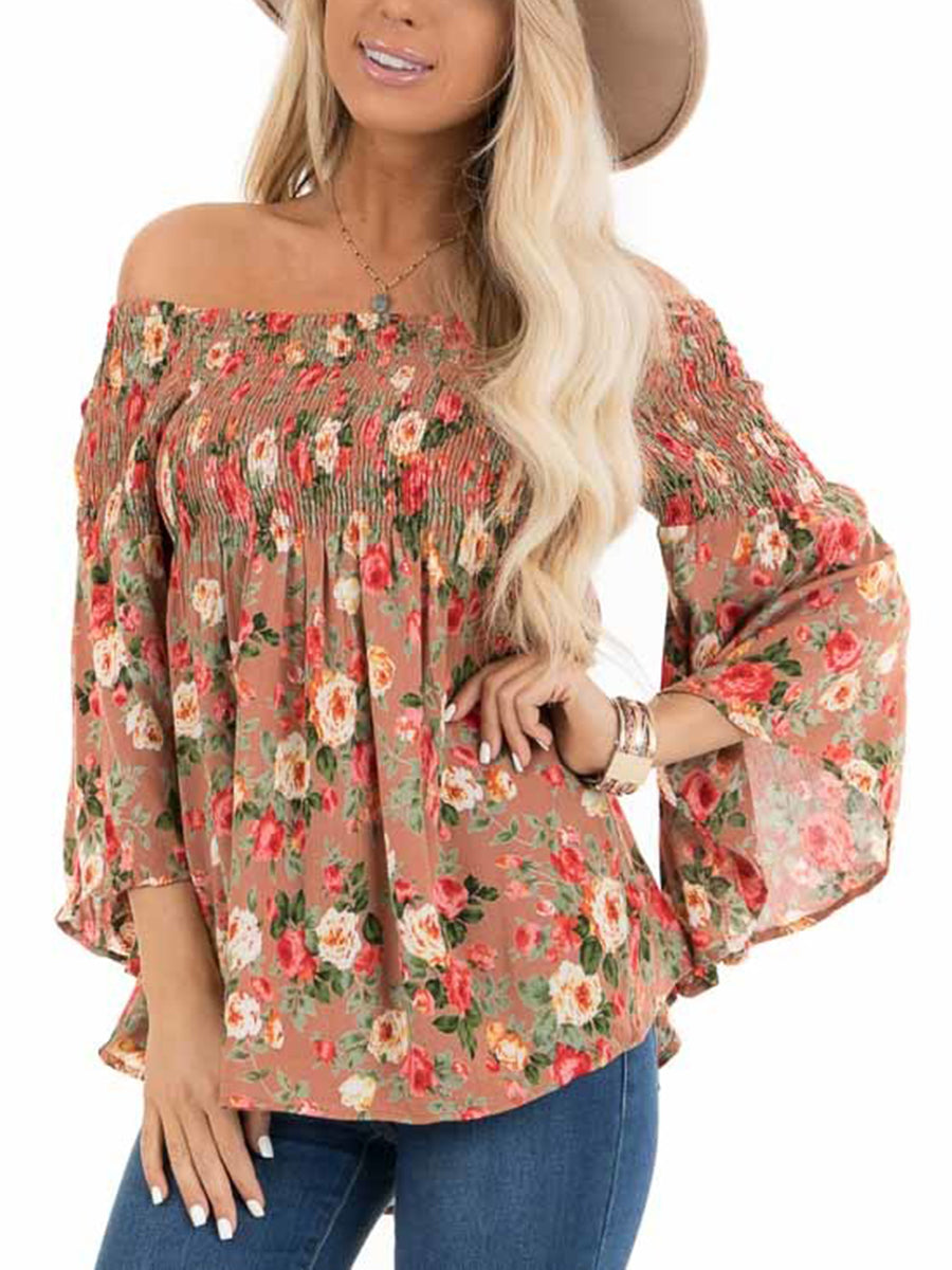 Floral Print Smocked Off The Shoulder Bell Sleeves Top