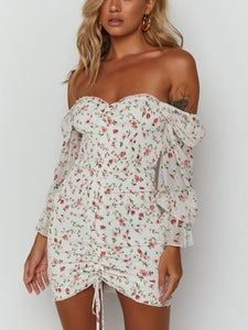 One Word Shoulder Wrapped Chest with Ruffles and Slim Flowers Mini Dress