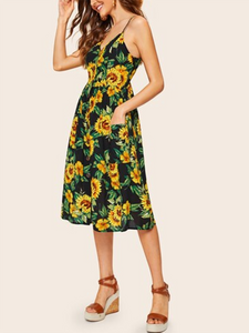 Sling High Waist Button Up Sunflower Print Midi Dress