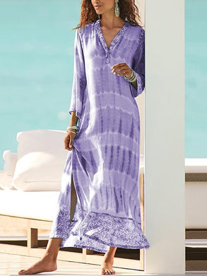 Casual 3/4 Sleeves Print V Neck Split Maxi Dress