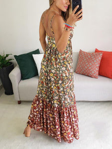 V-neck Floral Panel Sleeveless Leisure Bohemia Maxi Dress