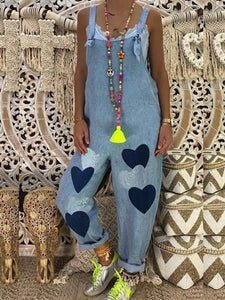 Plus Size Women Heart Print Pockets Denim Jumpsuits