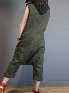 Solid Color Sleeveless V Neck Loose Button Jumpsuit Overalls