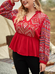 Plus Size V-Neck Embroidery Detail Peplum Blouse