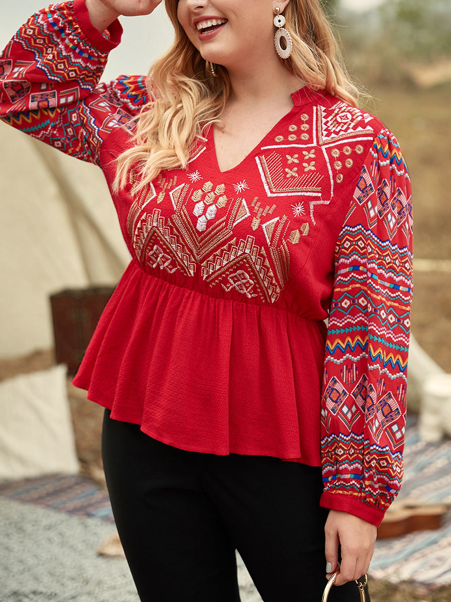 Plus Size V-Neck Embroidery Detail Peplum Blouse