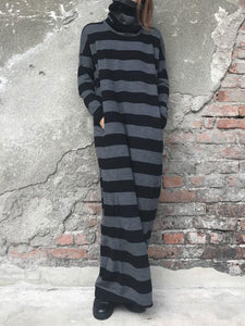 Loose Casual Turtleneck Long Sleeve Pocket Striped Maxi Dress