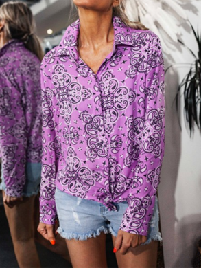 Fashion Trendy Printed Long Sleeve Loose Purple Blouses