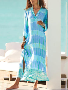 Casual 3/4 Sleeves Print V Neck Split Maxi Dress