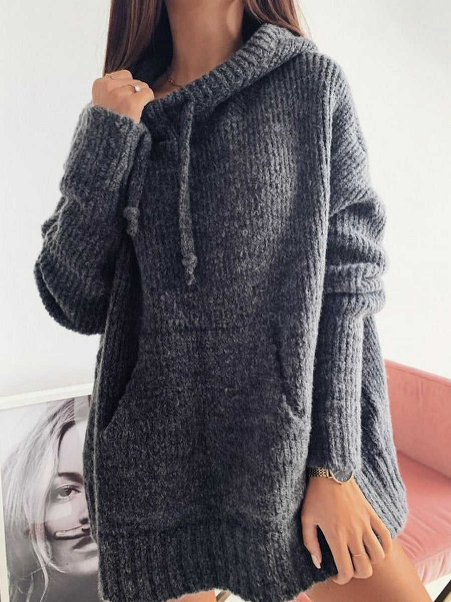 Gray Casual Knitted Hoodie Sweater