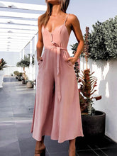 Load image into Gallery viewer, V-Neck Belt Loop Linen Pocket Jumpsuit